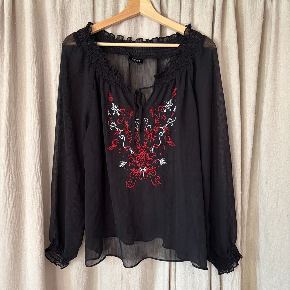 Nicole Miller Sheer Black Embroidered Peasant Blouse Smocked Dark Romance Top